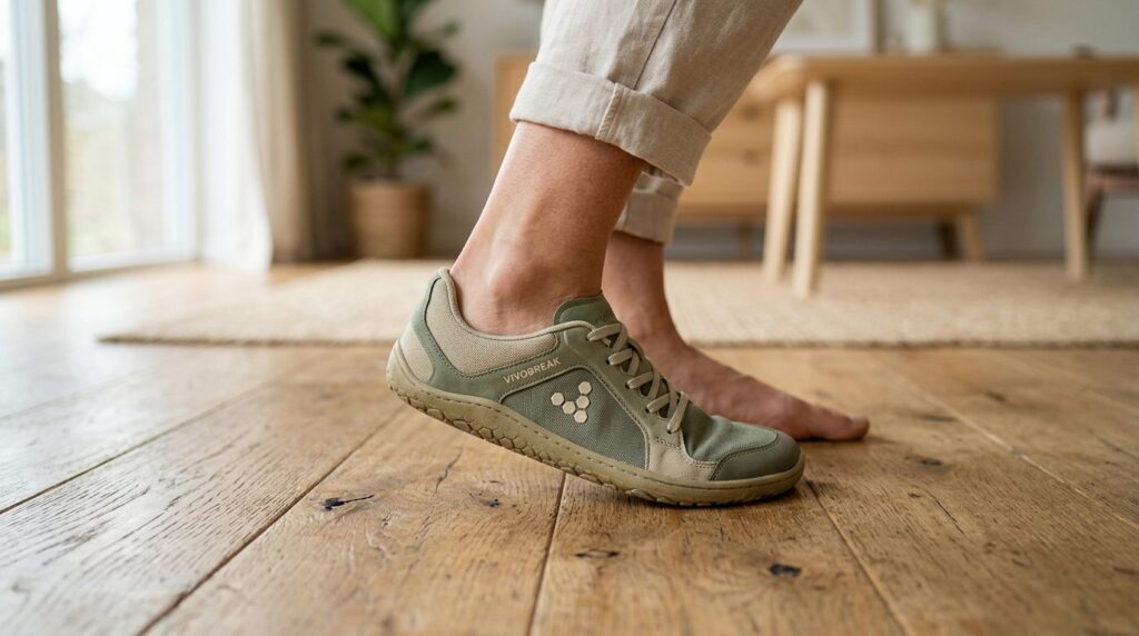 Close-up detail shot of a womans feet wearing sustainable e
