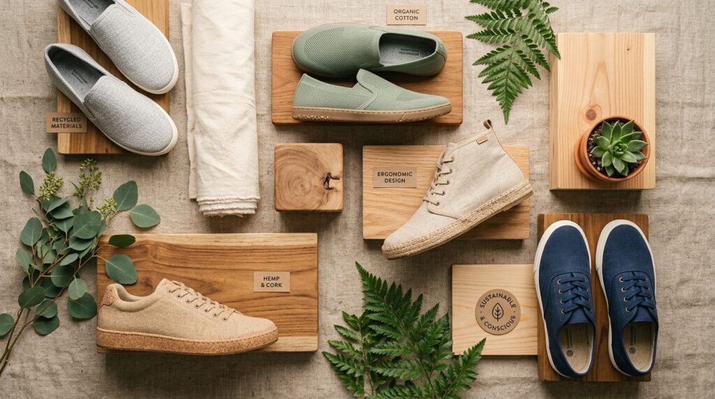 Overhead flat lay composition of eco-friendly ergonomic foot